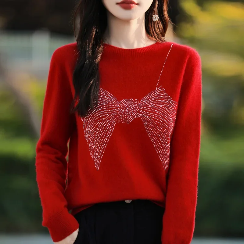 Elegant Knitted Sweater Bow New Lambswool Top Round Neck Fashionable Autumn/Winter Loose-Fit Base Layer Clothing