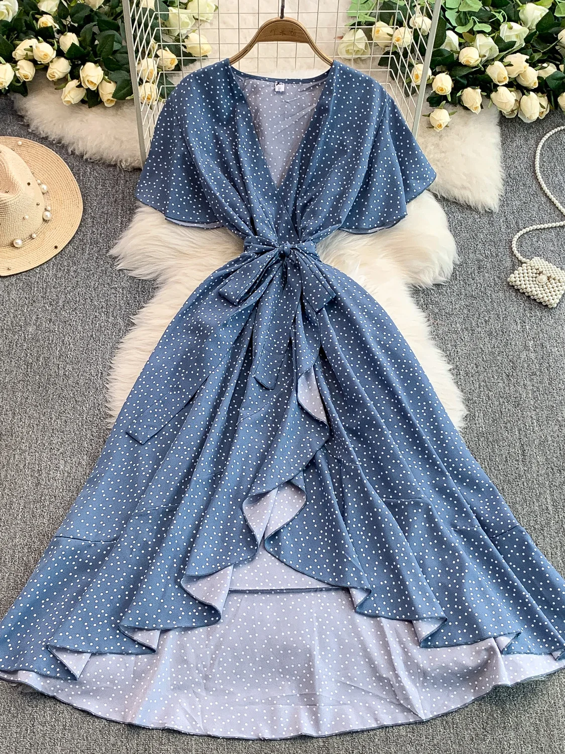 Zomer Polka Dot V-ne ort Sve vrouwen Dr Belted Taille Afslanken Asymmetrische Zoom Maxi Rok Koreaanse Sle Pendelen