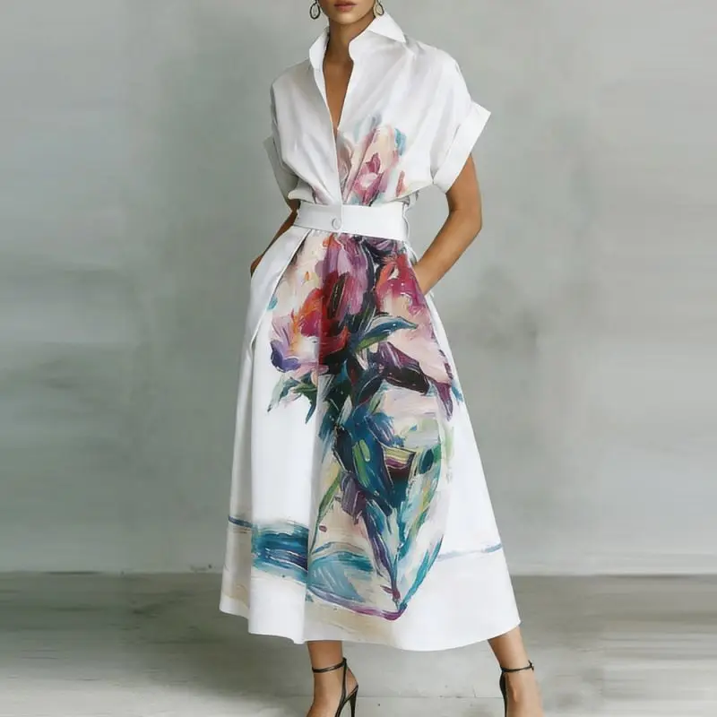 

Flower Print Maxi Dress Women Summer Short Sleeve Turn-Down Collar Holiday Party Dress Button Patchwork High Street Ladies Dress