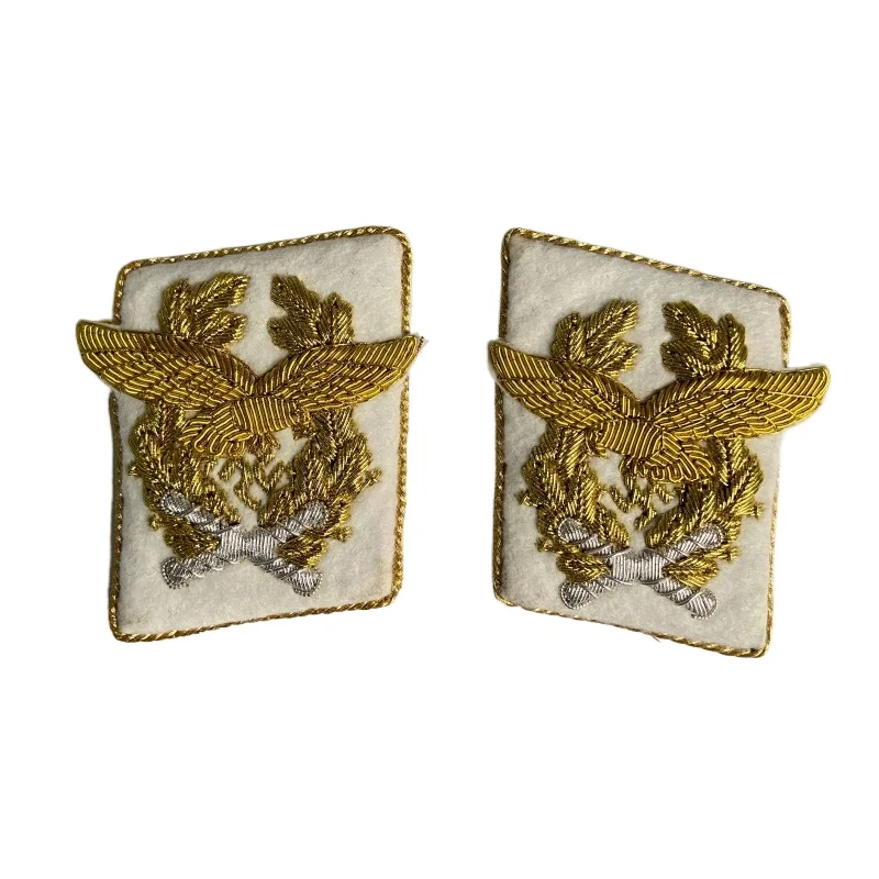 WWII Luftwaffe Style General Officer Collar Tabs Hand Embroidered Bullion Gold Wire Military Insignia Badges Reenactment Prop