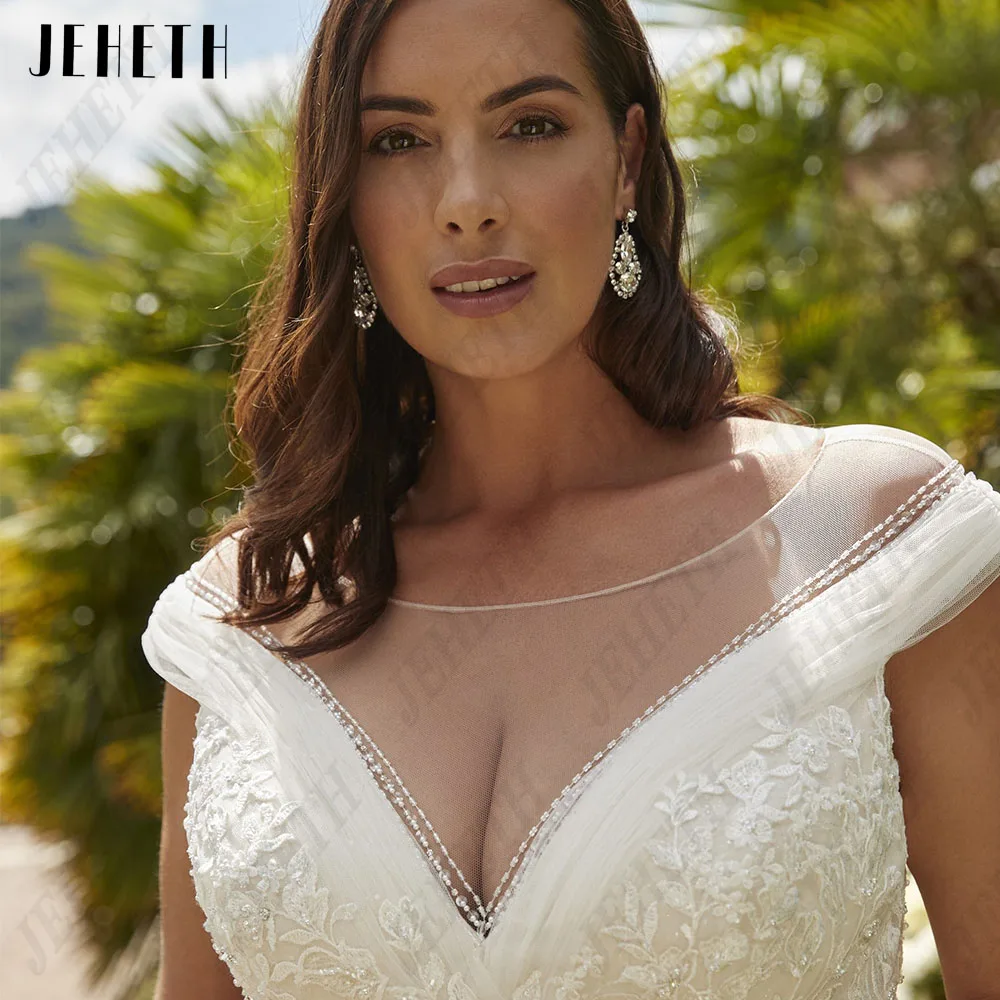 JEHETH Classic Wedding Dresses Plus Size Cap Sleeves Scoop Lace Applique Bride Gowns Exquisite A-Line Tulle vestidos de novia