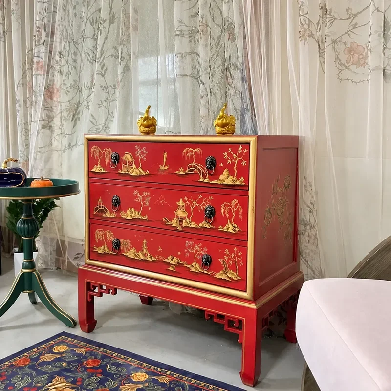 Chinese Style Painted Solid Wood Bucket Cabinet Multi Drawer Locker Porch Storage Unit Household Bedroom Bedside Table