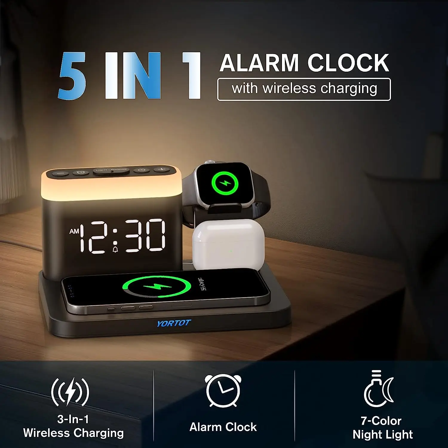 

15W Fast Wireless Charging Alarm Clock Digital Clock Regulatable Volume 7 Nightlight 0-100% Dimmable 9-minute Snooze Table Clock