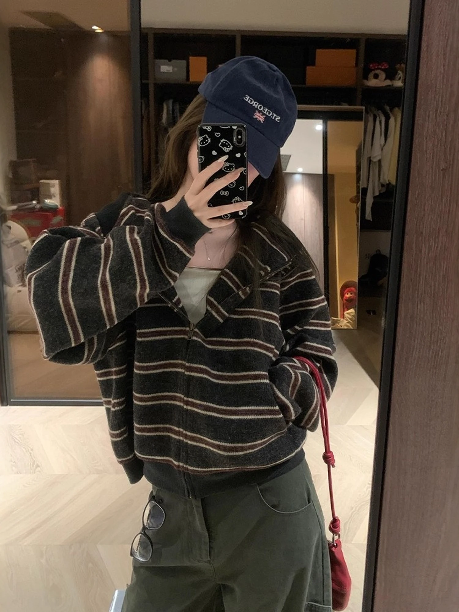 Hong Kong Style Vintage Zipper Hooded Striped Knitted Open Cardigan Women's Loose Soft Sweater Jacket Short Top