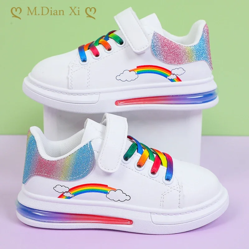 2022 Kids Fashion Sneakers Rainbow Colorful Girls White Casual Shoes Pu Leather Wiith Air Cushion Sole Hook-loop Autunm Sneakers