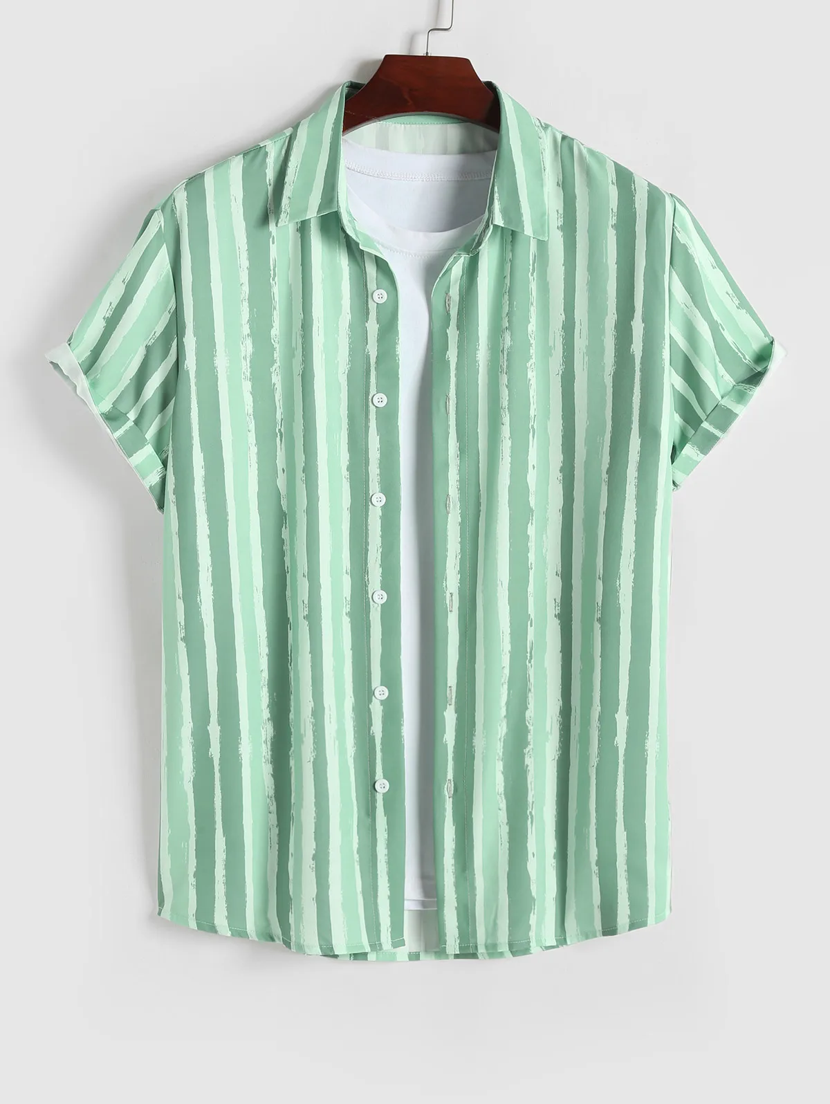 

ZAFUL Watercolor Vertical Striped Short Sleeves Vacation Shirt