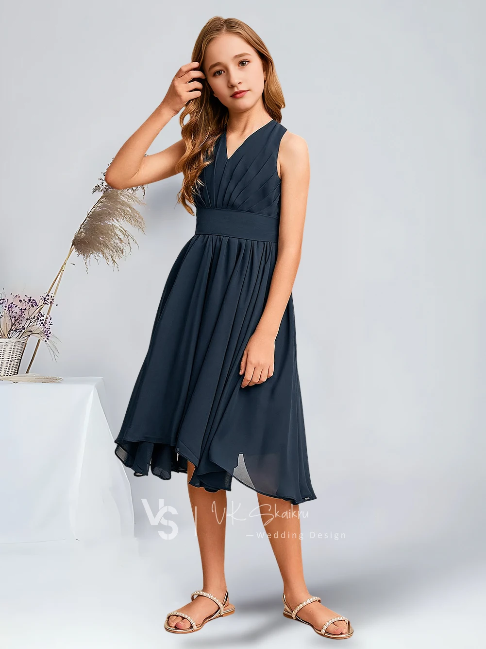 Elegant A-Line V-Neck Asymmetrical Chiffon Junior Bridesmaid Dresses Dark Navy Stunning Flower Girl Dresses Party Wedding Kids