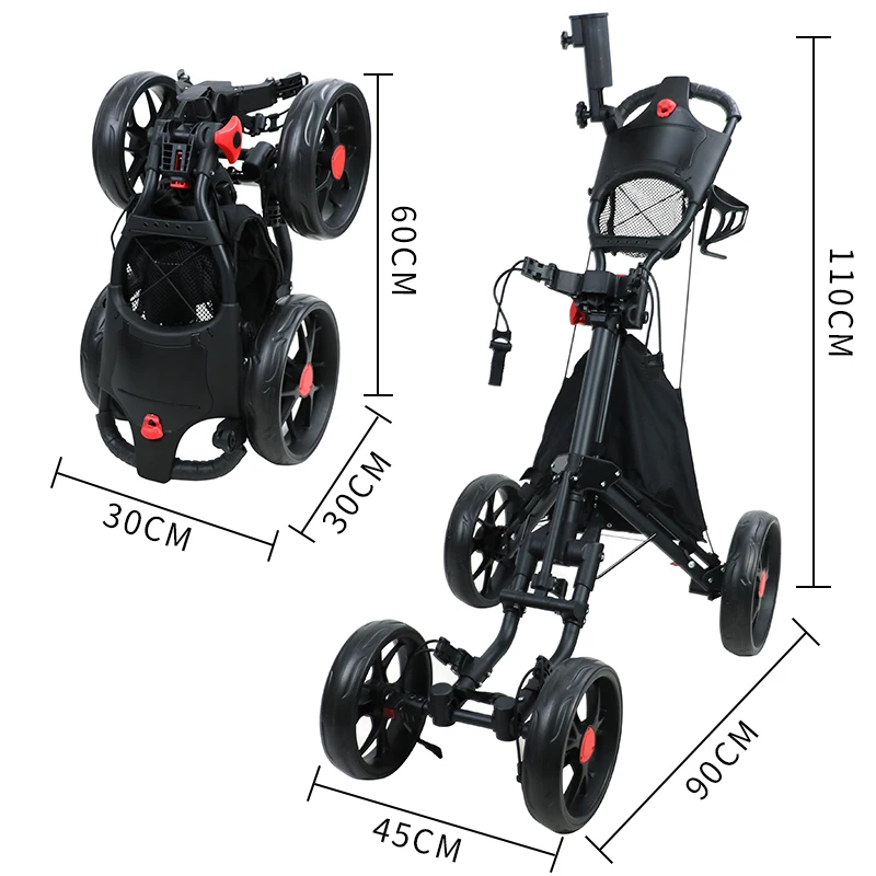 Golf Push Cart Pull Cart Top Quality Aluminium Foldable 4 Wheel Follow Me Golf Trolley with Umbrella Holder