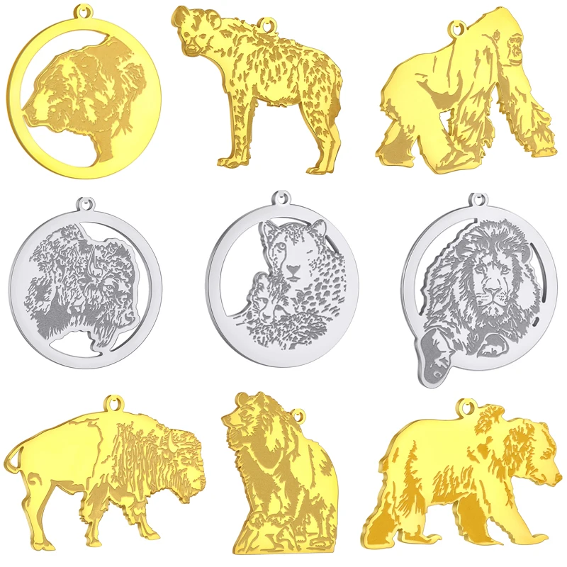 2pcs Punk Wild Animal Lion Brown Bear Polar Bear Wisent Charms For Jewelry Making Stainless Steel Pendant Fit diy Accessories