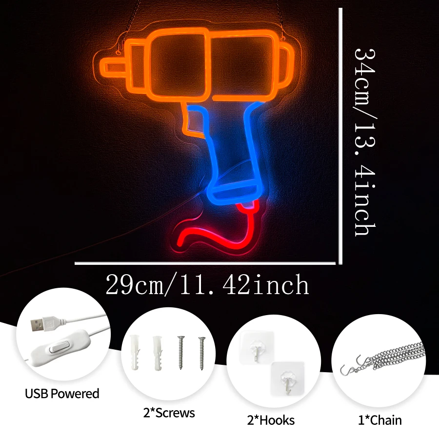 Power Drill Neon Sign, USB Powered LED Neon Wall Light, Electric Drill Tool Neon Decor for Garage Man Cave Workshop Wall Gift