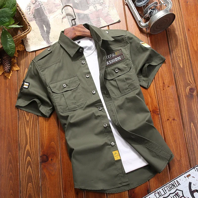 New Mens Retro Shirt Men 2021Short Sleeve Cargo Shirts Fashion Casual Summer Cotton Solid Shirt Male Pocket Work Shirt M-5XL