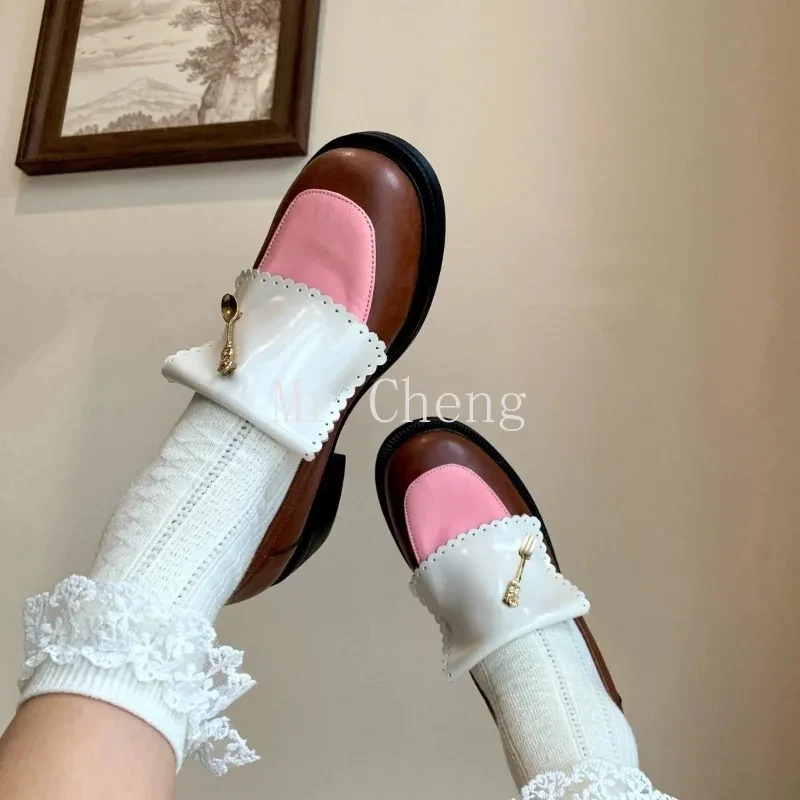 Pink Sweet Gentle Little Leather Shoes Female Genuine Leather Vintage Loafers Round Toe Block Heel Platform Soles Women's Shoes