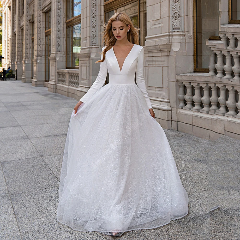 Simple Tulle A-Line Women Wedding Dresses Sexy Deep V-Neck Creative Simplicity Design Mopping Length Princess Bridal Gowns 2024