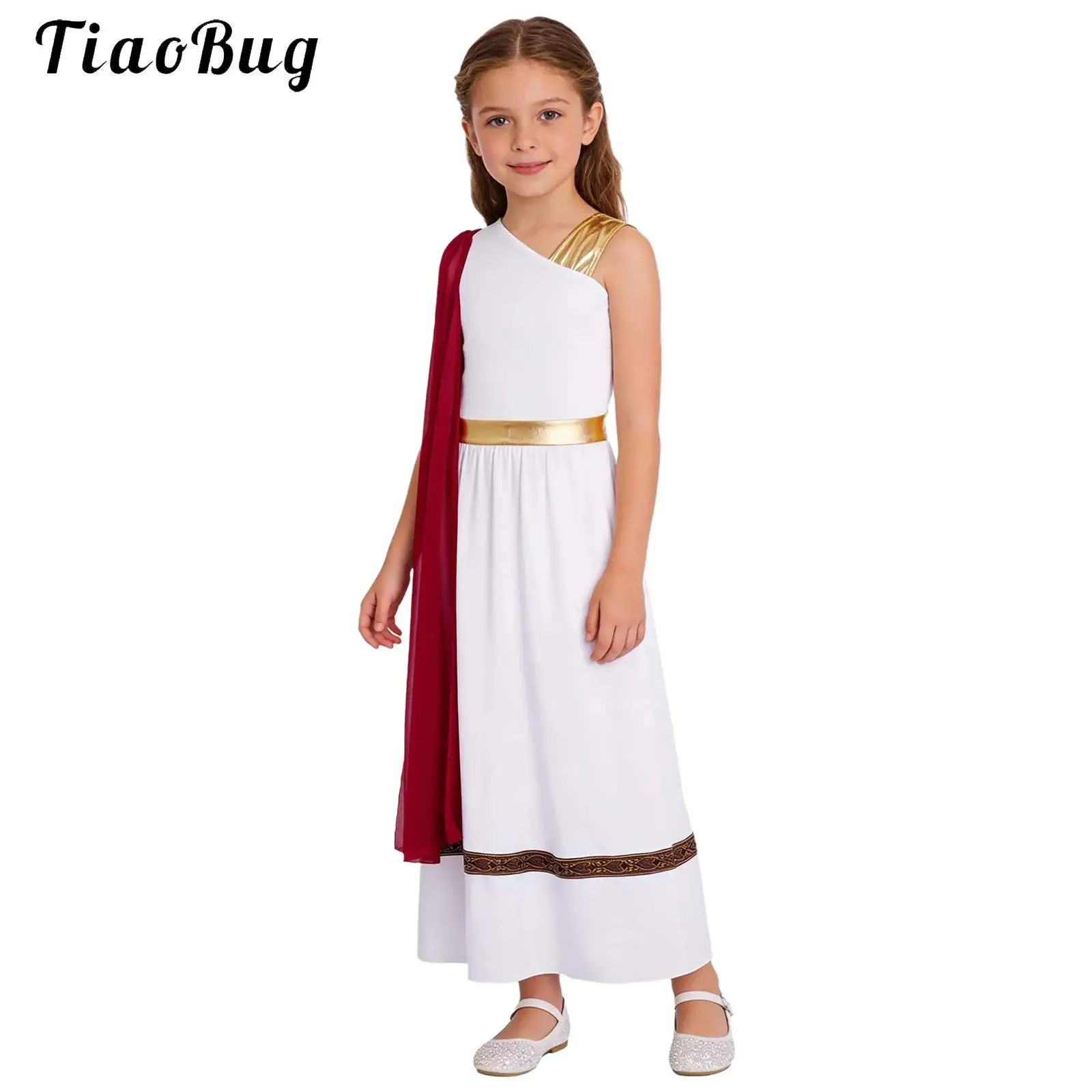 Kids Girls Greek God Roman Costume Dress Metallic Gloss Greek Princess Dress Ancient Greece Roman Toga Halloween Fancy Dress Up