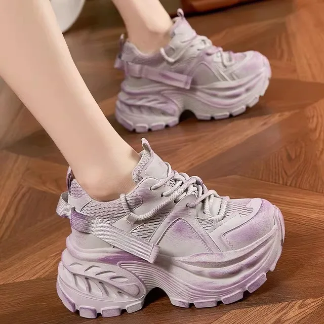 

Vintage Hand-Painted Leather Thick-Heeled Dad Shoes Women's Versatile Casual Sneakers Breathable Mesh Inner Comfortable