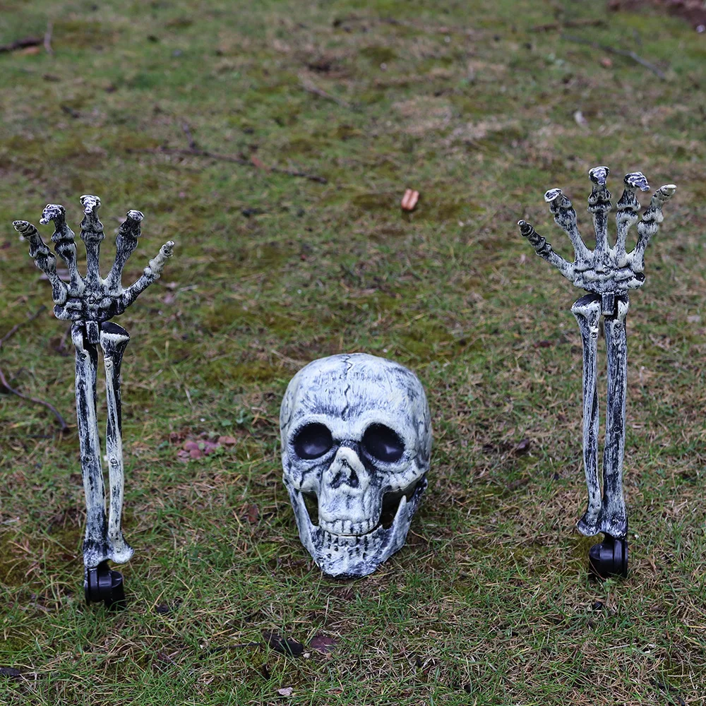 

【Halloween Yard Decoration Set】3-Piece Skull Head & Skeleton Hands Stakes Realistic Plastic Bone Props for Outdoor Decor Scary