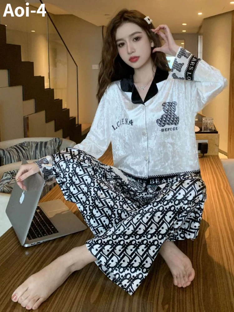 

Fashion Gold Velvet Home Clothes Suit Women Spring Autumn New Splicing Long Sleeve Top+Pants Outer Wear Large Size 2-piece Set