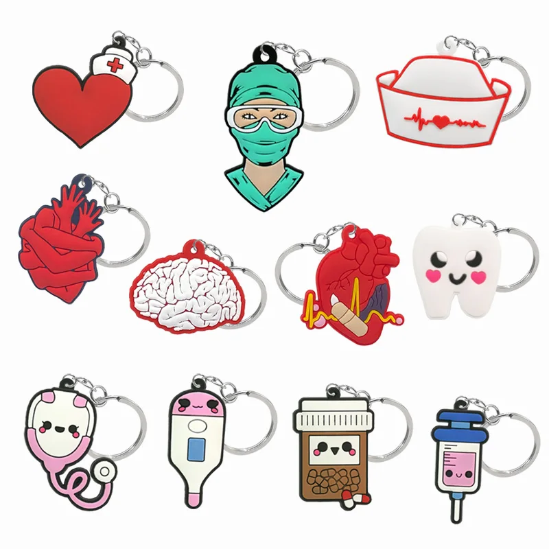 1PCS PVC Keychain Cute Nurses Teeth Medicine Style Heart & Brain Keyring Cool Handbag Accessories Gadgets for Women Gift for Kid