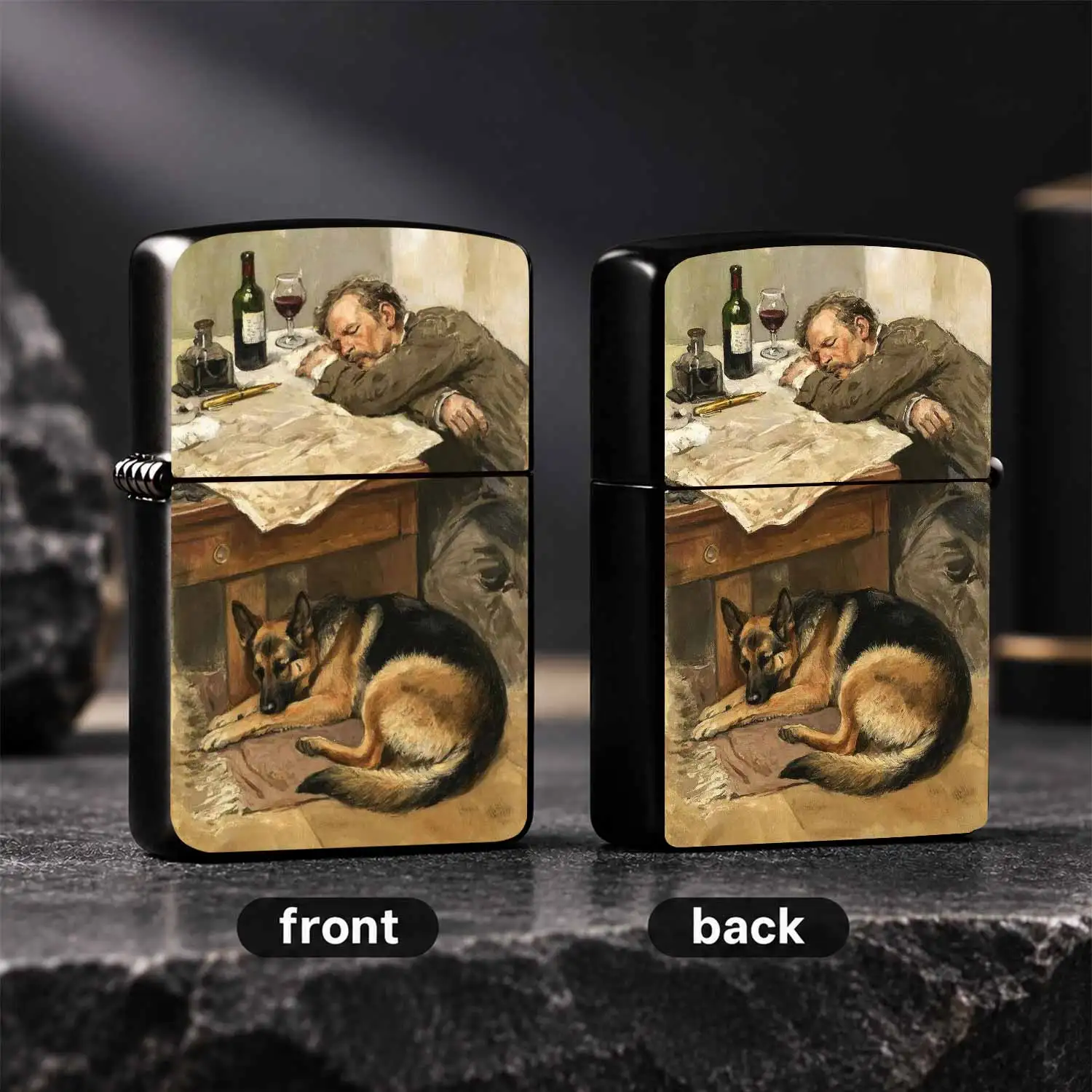 Vintage Art Oil Painting Style Lighter, Exquisite Printed Pattern Of Napping Man Accompanied By Loyal German Shepherd, Multi-Scenario Available Portable Practical Accessory, Unique Retro Decorative Item F A Humorous And Interesting Lighter