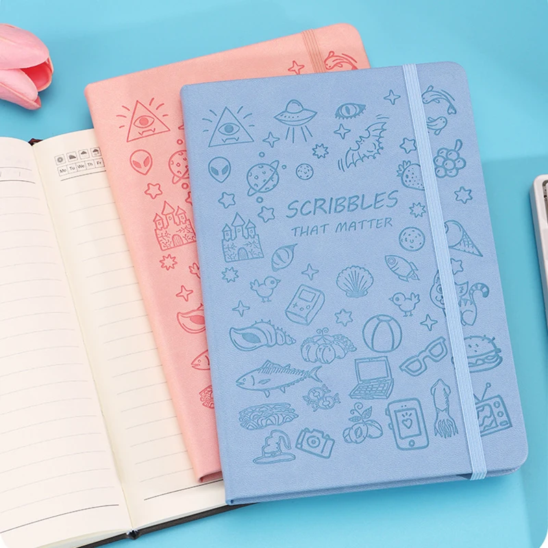 Kawaii Embossed Cartoon Notebook A5 A6 Elastic Strap Diary Soft PU Cover Student Journal Portable Business Notepad Stationery