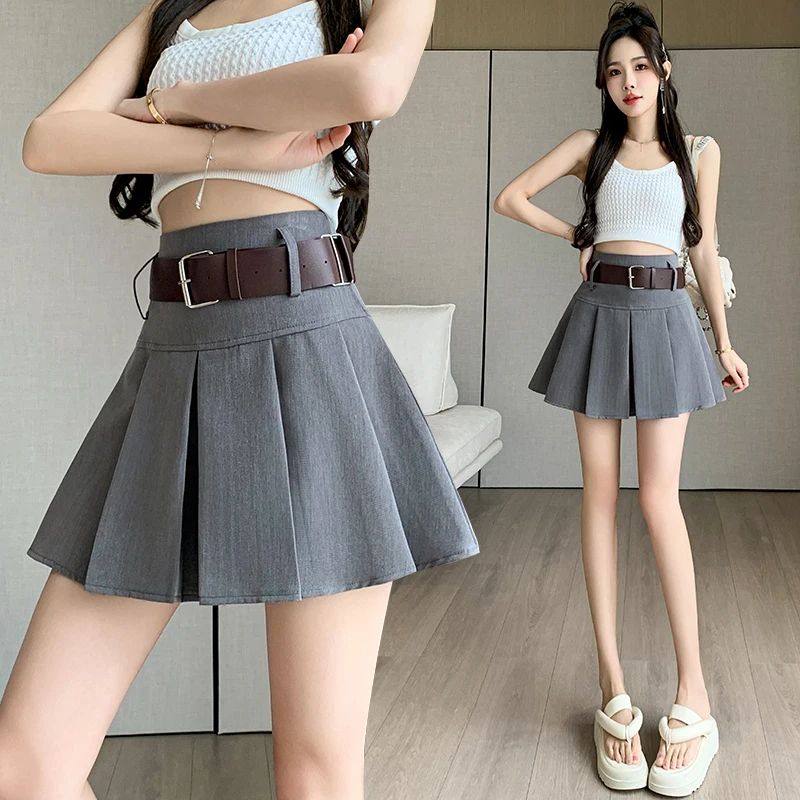 Women Pleated Mini Skirts Spring Summer Fashion Belt A Line Skorts Y2K Casual Streetwear High Waist Female JK Skirt New 2024