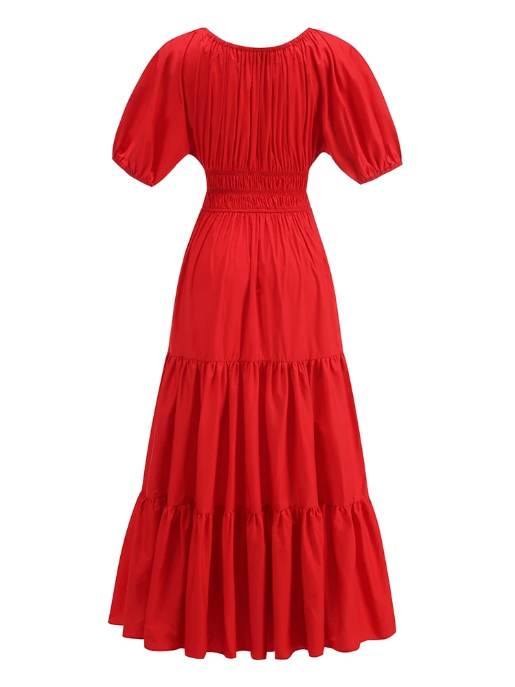 Robes longues Sexy à lacets, col en V, manches bouffantes, Patchwork, rouge, manches courtes, ligne a, robes de soirée, de Cocktail