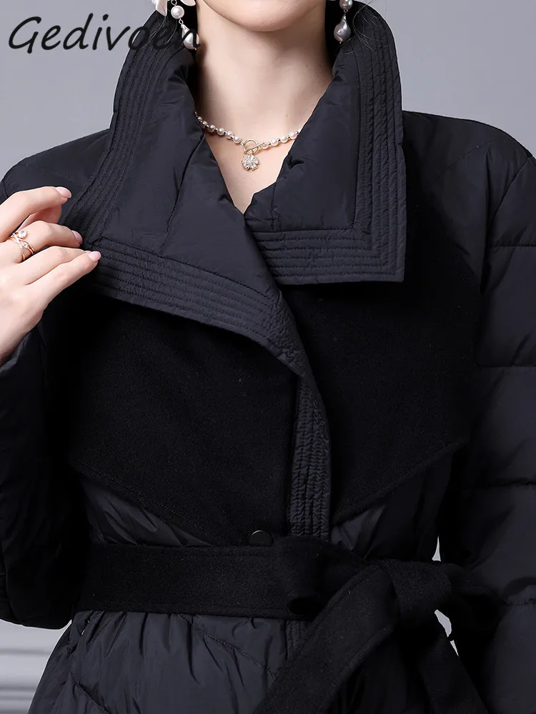 Gedivoen Winter Fashion Runway Black Vintage Spliced Down Jacket Women Lapel Frenulum Gathered Waist Slim Long Thick Down Jacket