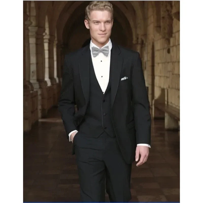 

Luxury Black Men's Suits High Quality Notch Lapel Single Breated Slim Fit Elegant 3 Piece Jacket Pants Vest Wedding Full Set