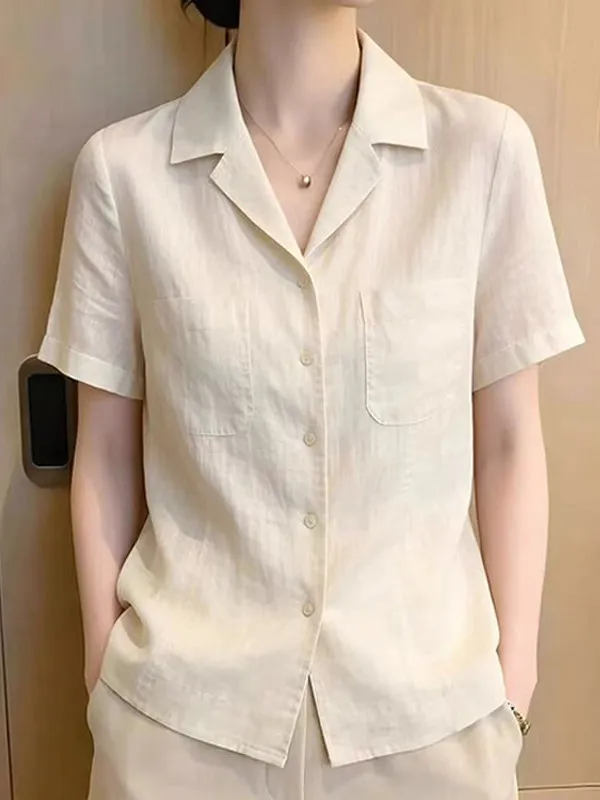 Elegant Short Sleeve Turn-down Collar Shirt Women's Fashionable Apricot Slimming Top French Style Cotton Loose Fit Casual Wear