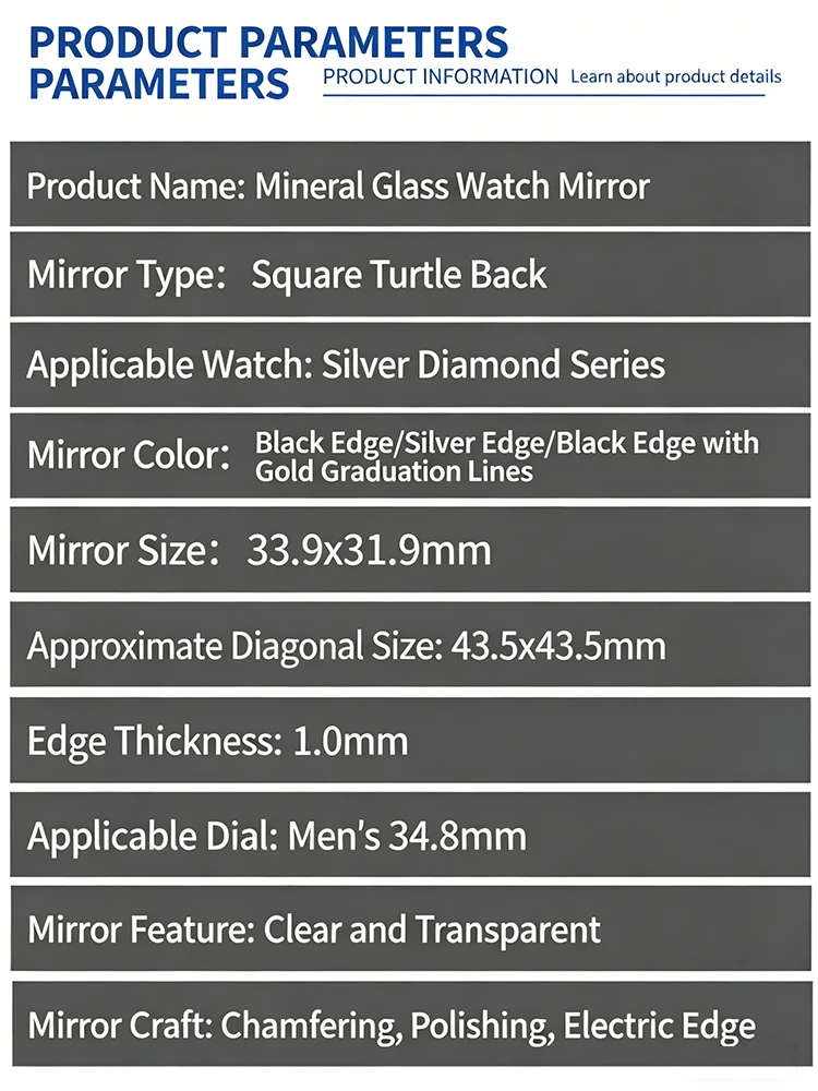 Square Domed Mineral Watch Crystal 33.9x31.9mm Silver/Black Edge For Rado Sintra Men 34.8mm Dial Watch Glass  Replacement Parts view 5