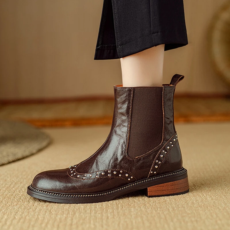 

NEW Autumn/Winter Women Boots Round Toe Chunky Heel Shoes Genuine Leather Shoes Women Rivet Brogues Boots Slip-on Ankle Boots