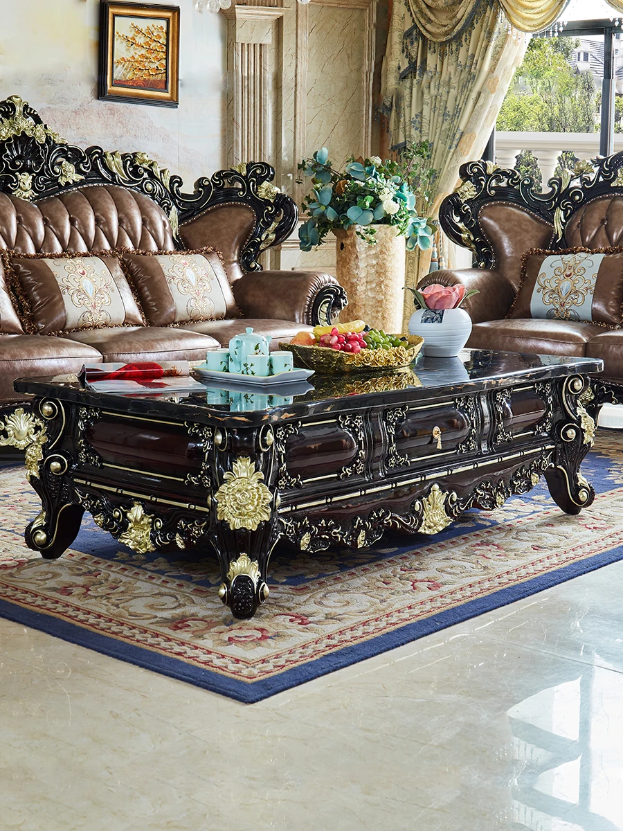 European marble coffee table TV cabinet combination all solid wood ebony cabinet villa master bedroom