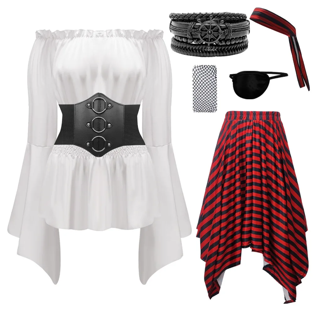 Caribbean Women Pirates Cosplay Costume Tops Skirt Bracelet Patch Scarf Slik Stockings Girdle Full Set Halloween Carnival Party
