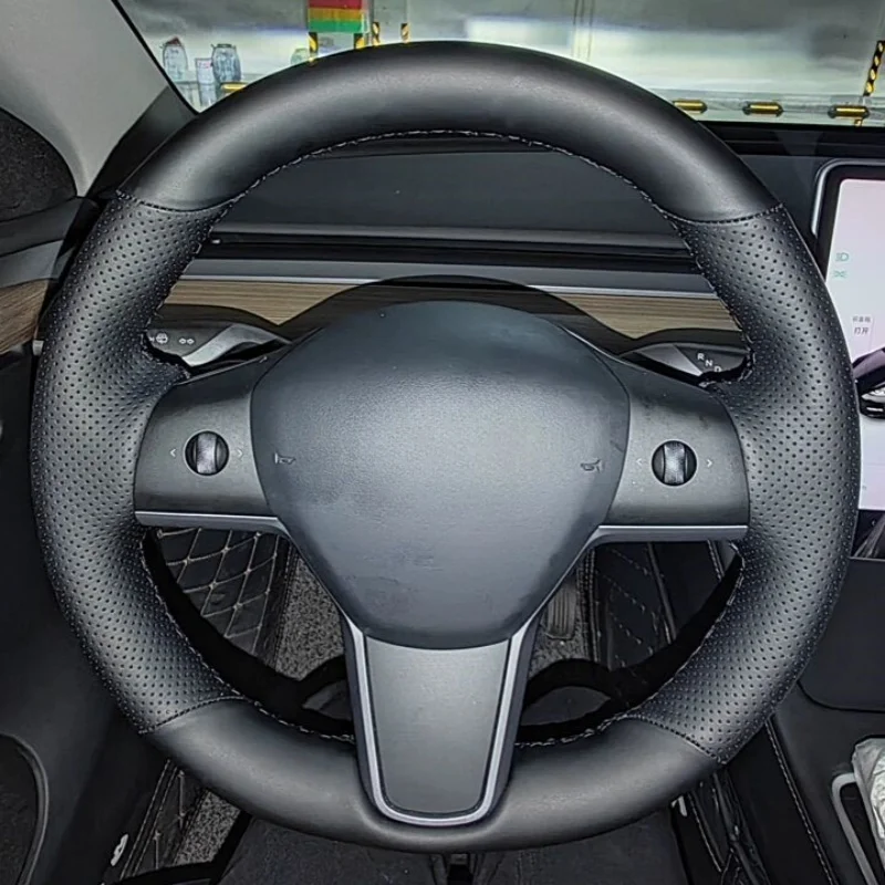 

Чехол на руль автомобиля на заказ, дышащая натуральная кожа для Tesla Model 3 2017 2018 2019, оплетка на руль, автомобильный аксессуар