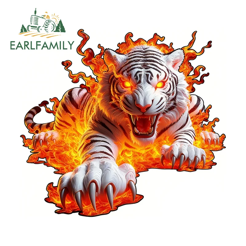 

EARLFAMILY Fire Tiger Stickers Cool White Animal Scratch Proof Sunscreen Windshield Motorcycle Decal Funny Luggage Graphics