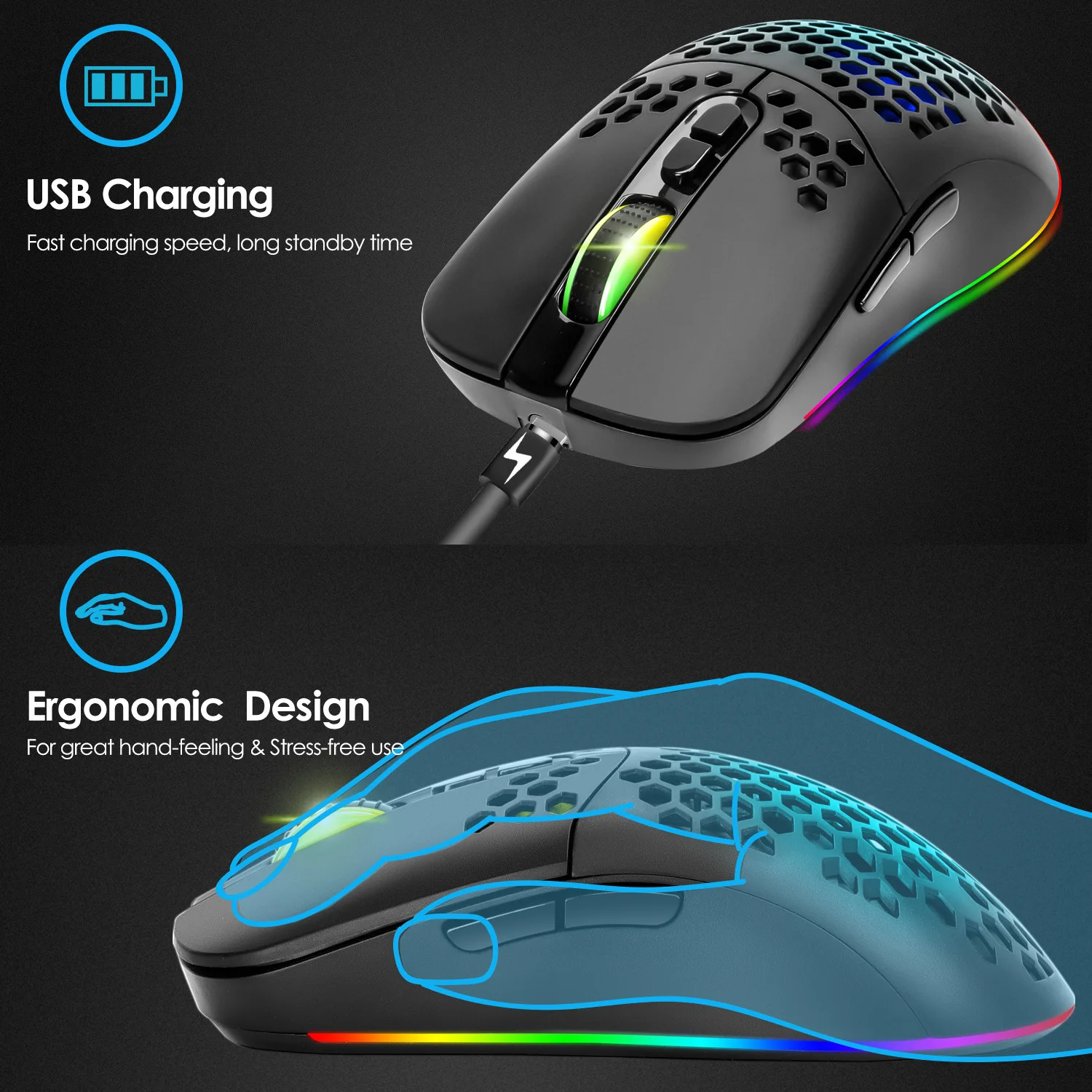 Wireless Gaming Mouse Dual Mode Bluetooth 5.0 & 2.4G USB Optical 7 Sensitive Buttons RGB Backlight 3 Adjustable DPI