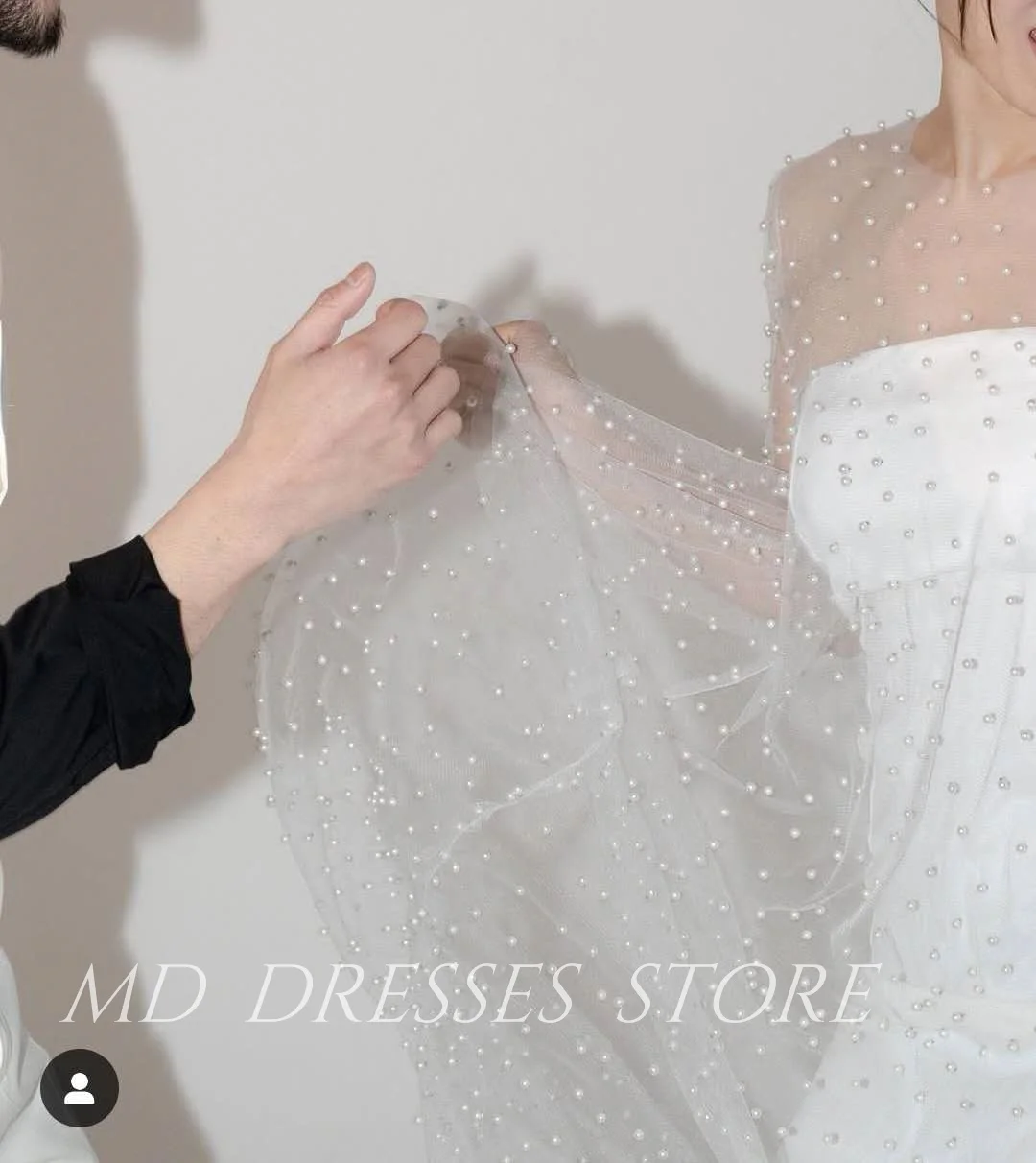 MD 2025 Modern White Wedding Dresses Beaded Full Sleeve Floor-Length Korea Photo shooting Trumpet For Bridal Gowns Customized