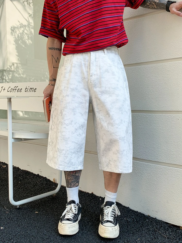 

New Spring Summer Men's WhiteTie Dye Wide Leg Jeans Shorts American High Street Versatile Loose 3/4 Length Male Capri Pants