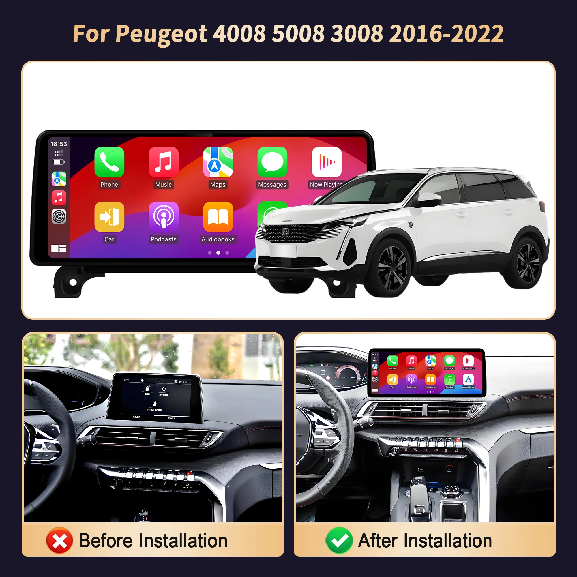 Autoradio da 12.3 pollici per Peugeot 4008 5008 3008 2016-2022 Navigazione multimediale 4G GPS Wireless BT Carplay Stereo Touch Screen