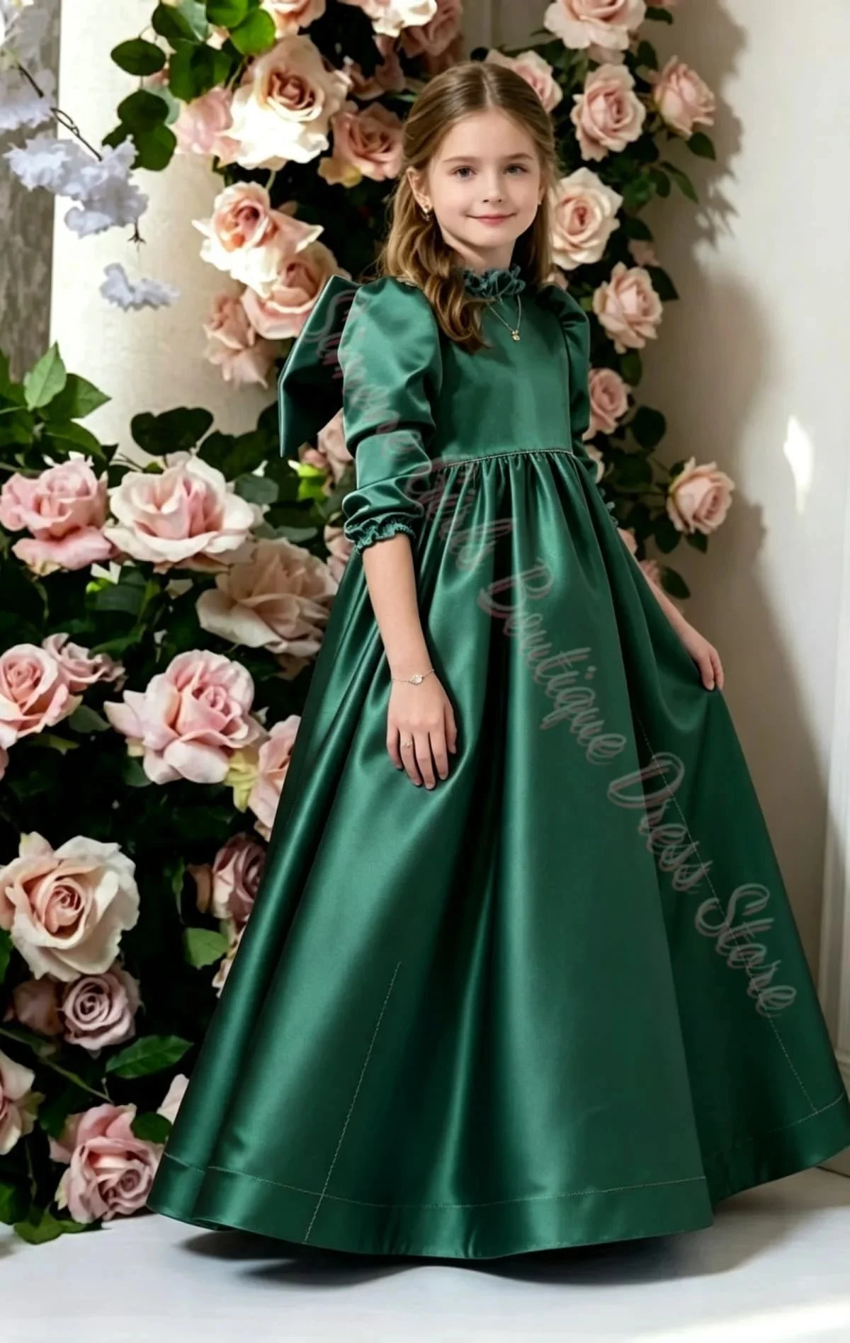Großhandel Maßgeschneidertes Elegantes Rollkragen-Kleid mit Großer Schleife für Blumenmädchen für Hochzeitszeremonie, Bankett, Party, Abendkleid – Detail 4