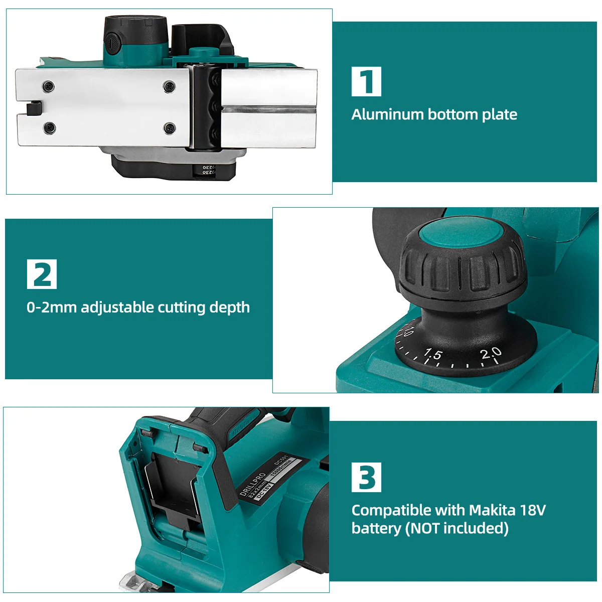 Drillpro 18V 15000r/min Cordless Electric Planer with Wrench Handheld Rechargeable for Makita 18V Battery Wood Cutting