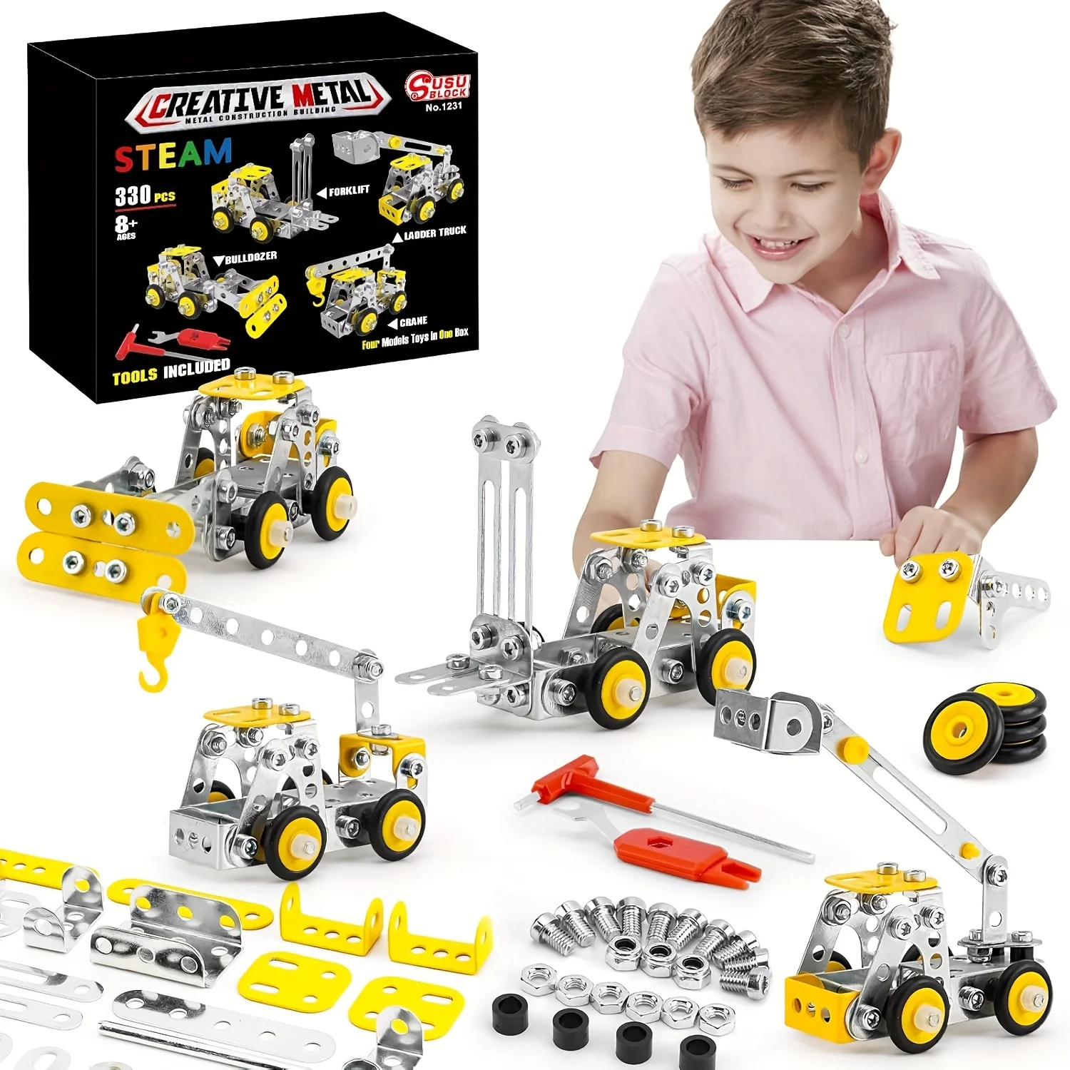 

Строительные игрушки, набор моделей инженерных транспортных средств по металлу, наборы эректоров из 330 шт. для мальчиков, 4 модели строительной техники, обучение