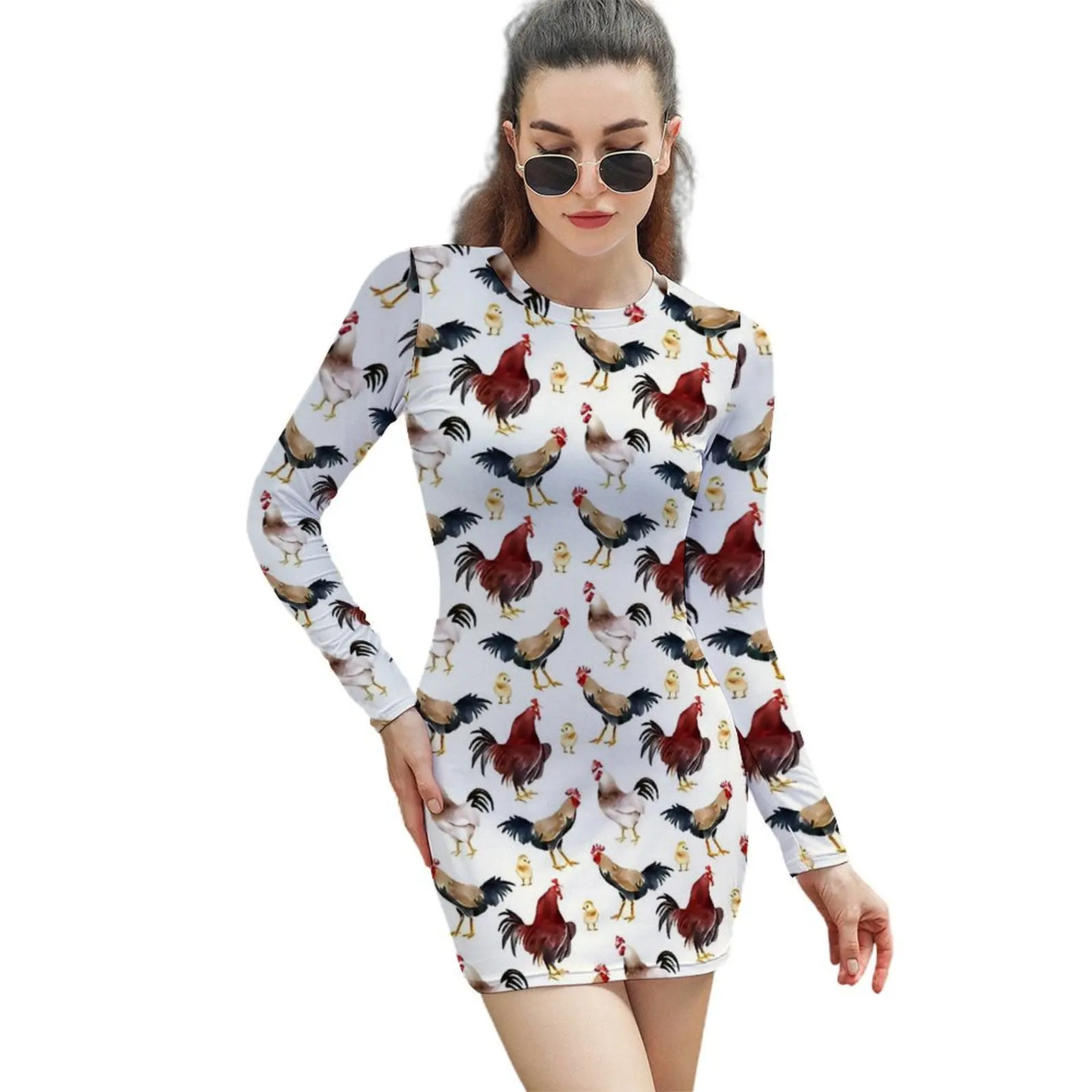 Rustic Chickens Bodycon Dress Women Animal Print Club Dresses Autumn Long Sleeve Streetwear Design Dress Big Size