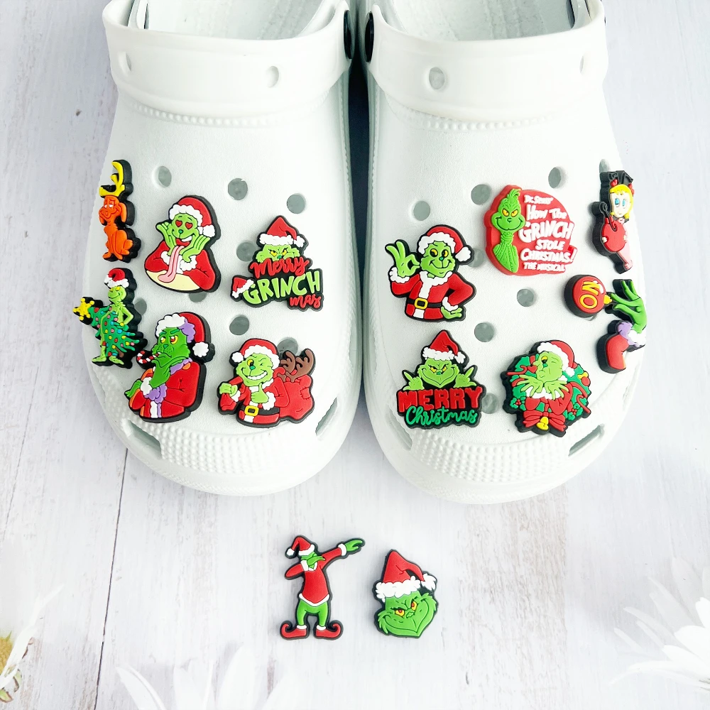 1-14pcs Grinch Shoes Charms Accessories Fit Clog Backapck Wristbands Shoe Decorate Buckle Handmade jewelry Parties Kids Gifts