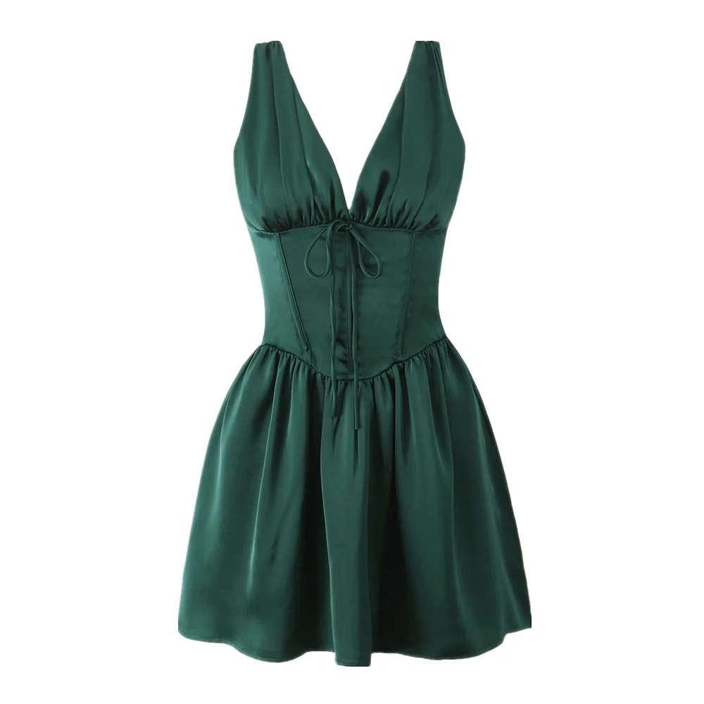2025 Sexy Green Stain Pleated Ruched Strap Tank Dress Women V Backless Boning Slim Waist Folds A-line Sleeveless Dresses Robe