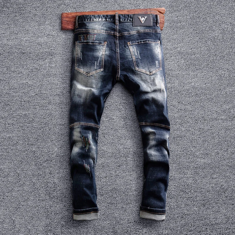 Street Fashion Men Jeans Retro Black Blue Stretch Spliced Slim Ripped Jeans Men Embroidery Designer Hip Hop Vintage Denim Pants
