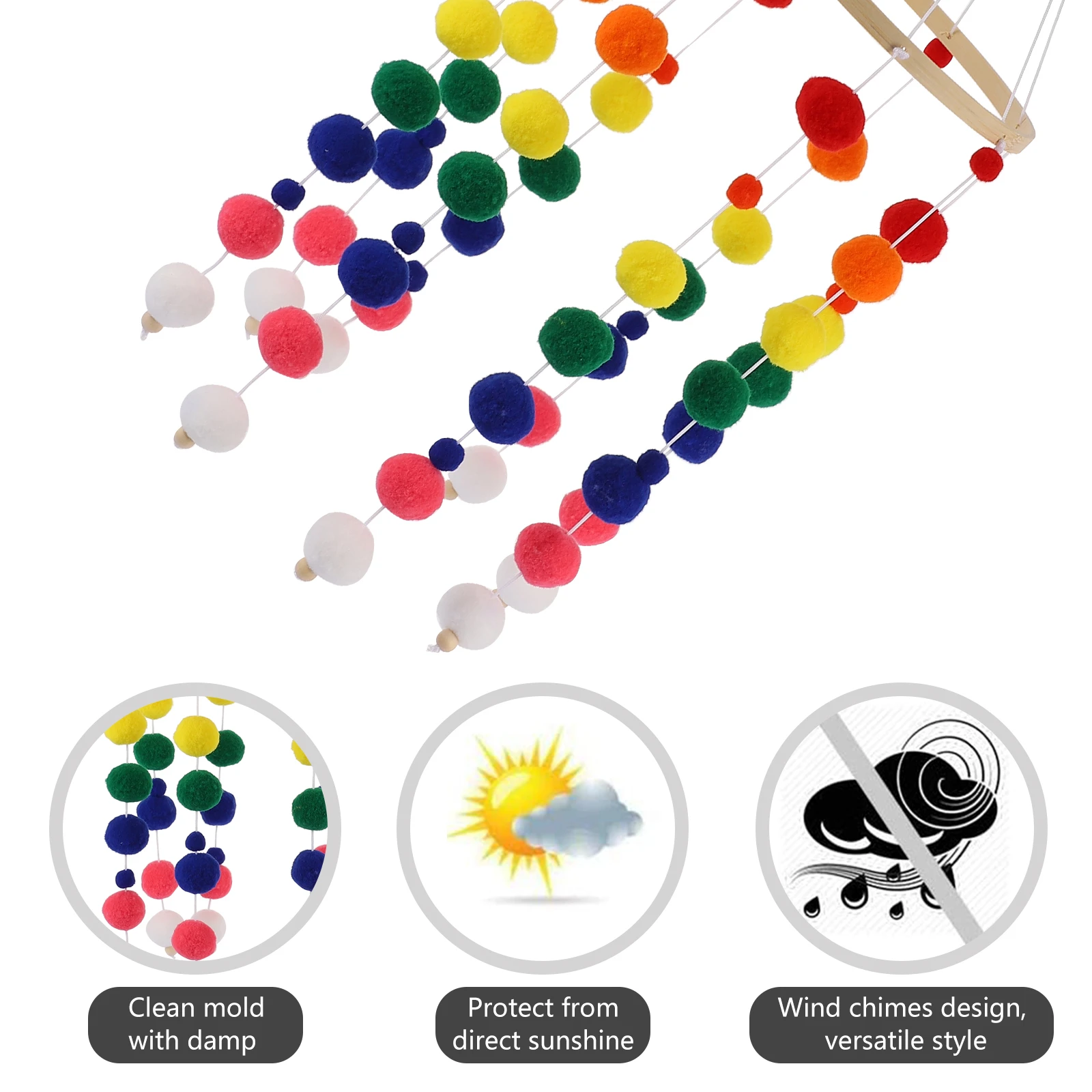 

1 set Fuzzy Ball Wind Chime Decoration Durable Wooden PP Material Bright Office Car Decor Perfect Gift Baby Shower