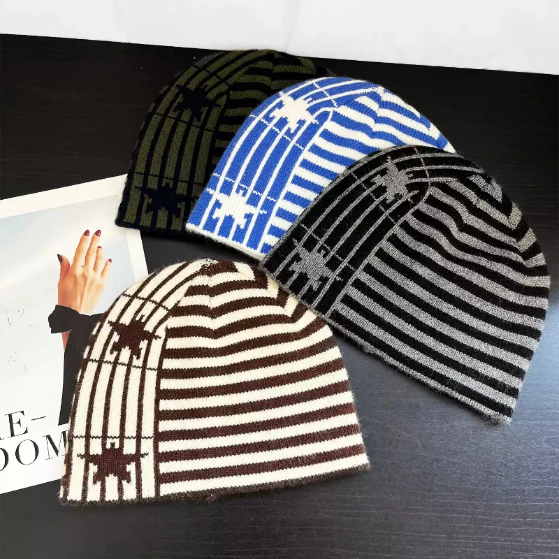 Y2K Persönlichkeits-Stern-Streifen-Strickmützen für Damen, Herbst und Winter, Street-Trend, vielseitige warme Ohrenschutz-Beanies – Detail 6