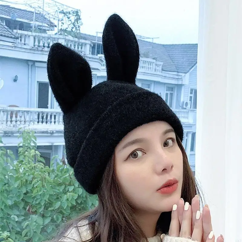 Bonnets tricotés pour femmes, Harajuku, Skullies, chapeau mignon, oreilles lapin, mode chaud épais, couleur unie, crâne