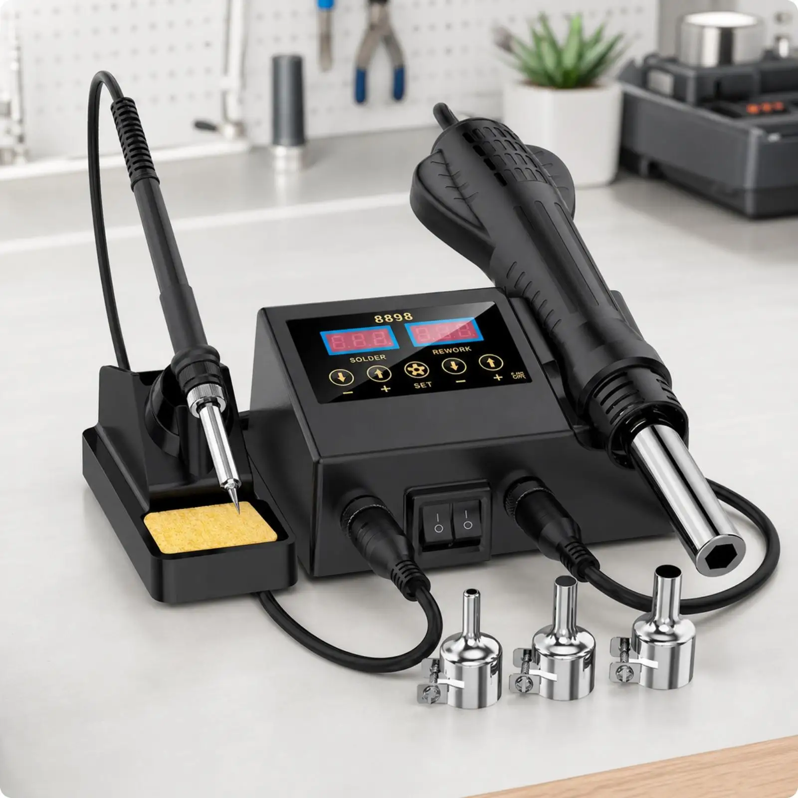 Soldering Station Kit with Hot and Interchangeable Nozzles for Versatile Electronics Repair and Rework Use
